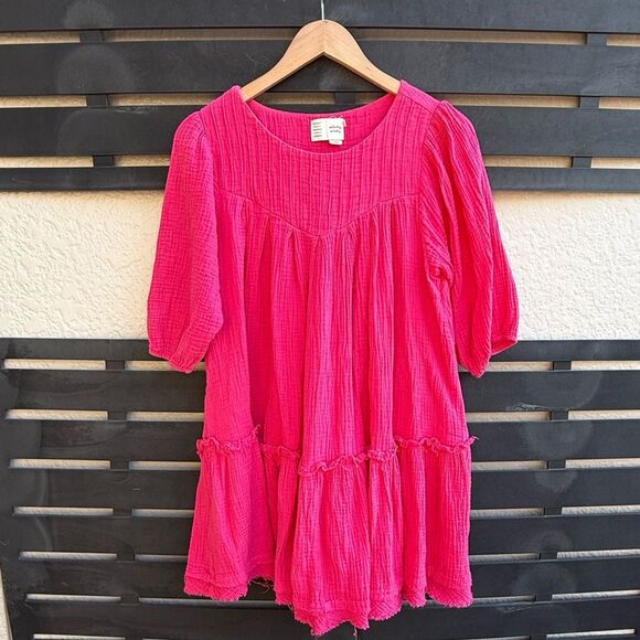 Anthropologie Saturday Sunday Tiered Gauze Babydoll Mini Dress in Pink | XS - Picture 1 of 6